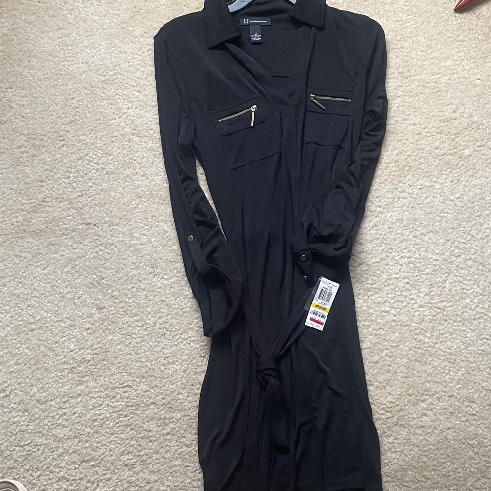INC International Concepts Black Long Sleeve Dress with Gold Accents